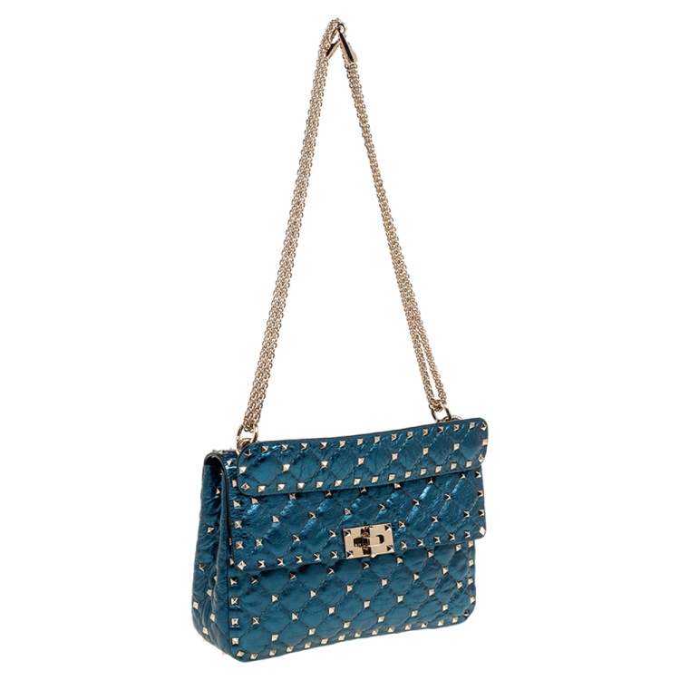 Pre Owned Valentino Metallic Blue Leather Medium Rockstud Spike Top Handle Bag
