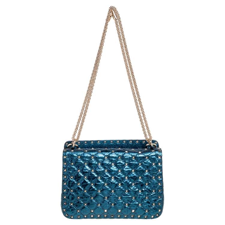 Pre Owned Valentino Metallic Blue Leather Medium Rockstud Spike Top Handle Bag