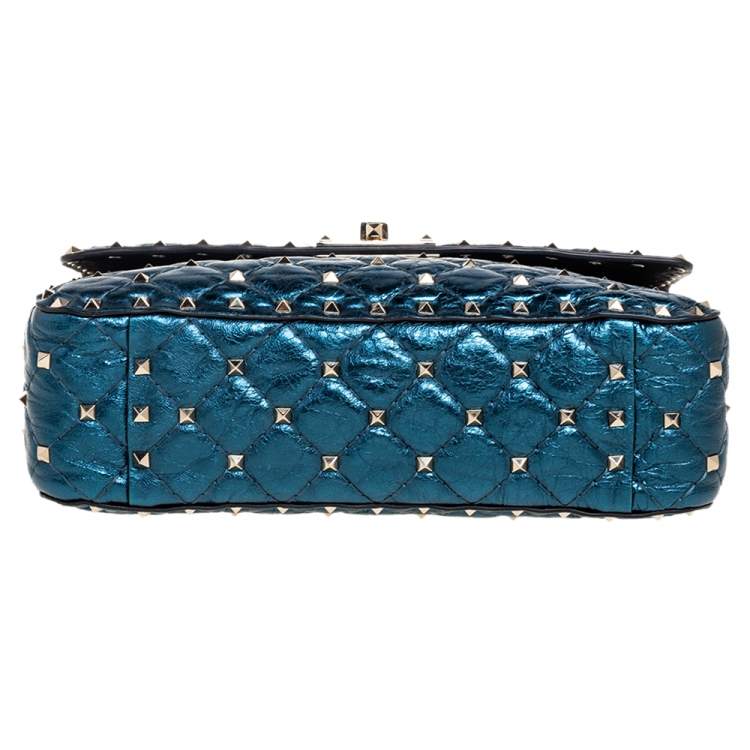 Pre Owned Valentino Metallic Blue Leather Medium Rockstud Spike Top Handle Bag