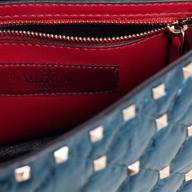 Pre Owned Valentino Metallic Blue Leather Medium Rockstud Spike Top Handle Bag