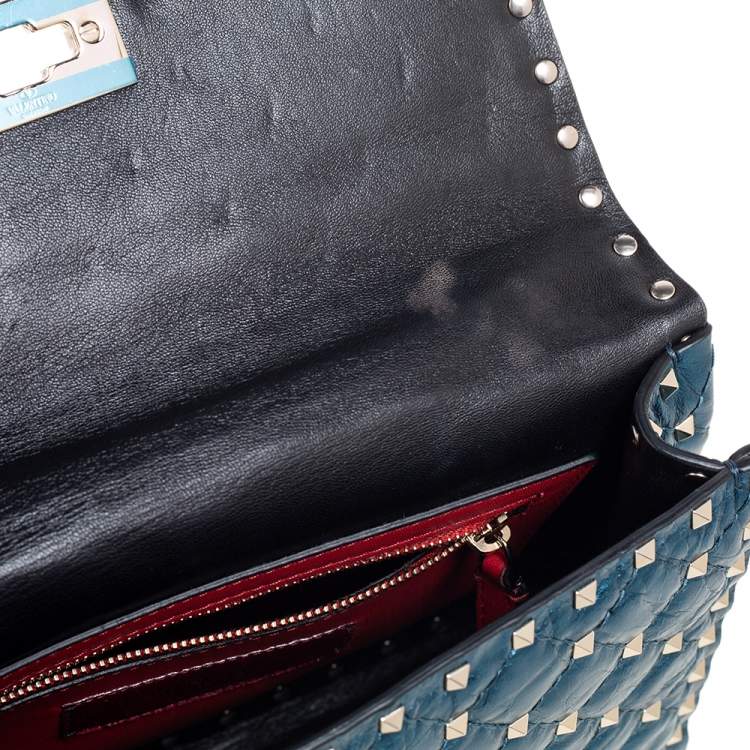 Pre Owned Valentino Metallic Blue Leather Medium Rockstud Spike Top Handle Bag