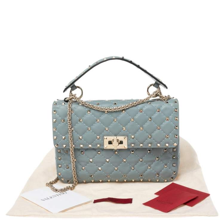 Pre Owned Valentino Blue Leather Medium Rockstud Spike Top Handle Bag