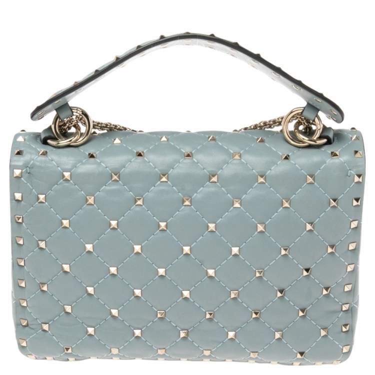 Pre Owned Valentino Blue Leather Medium Rockstud Spike Top Handle Bag