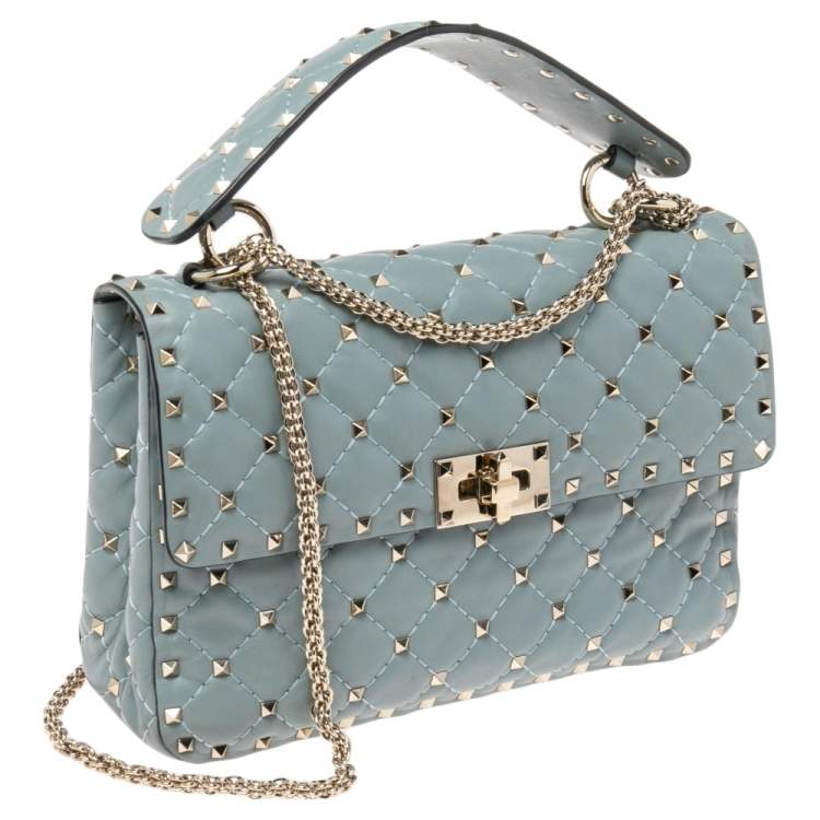Pre Owned Valentino Blue Leather Medium Rockstud Spike Top Handle Bag