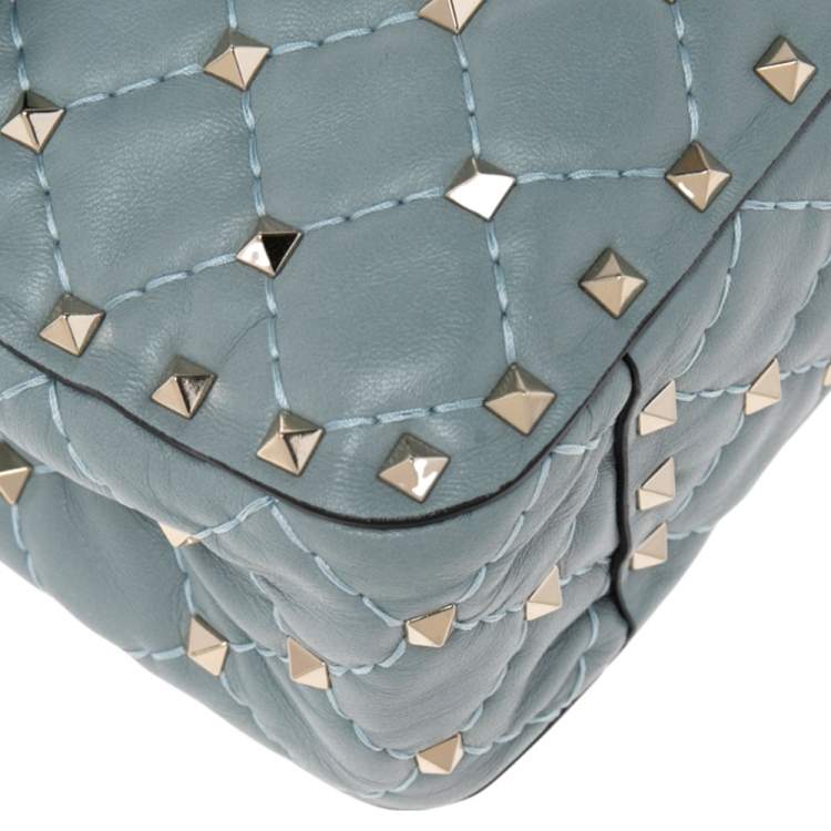 Pre Owned Valentino Blue Leather Medium Rockstud Spike Top Handle Bag
