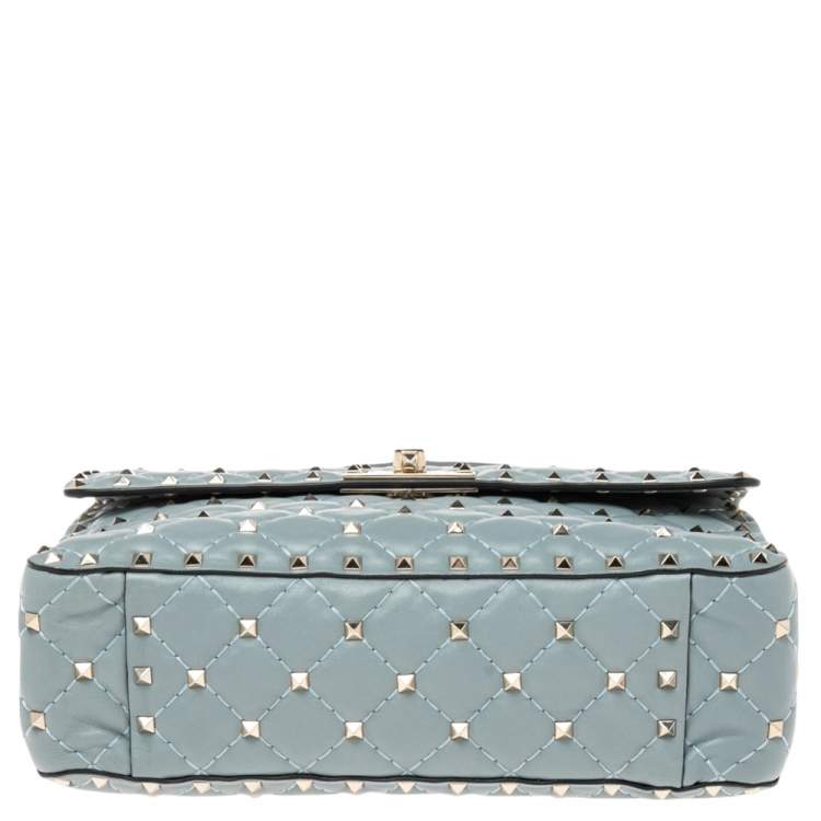 Pre Owned Valentino Blue Leather Medium Rockstud Spike Top Handle Bag
