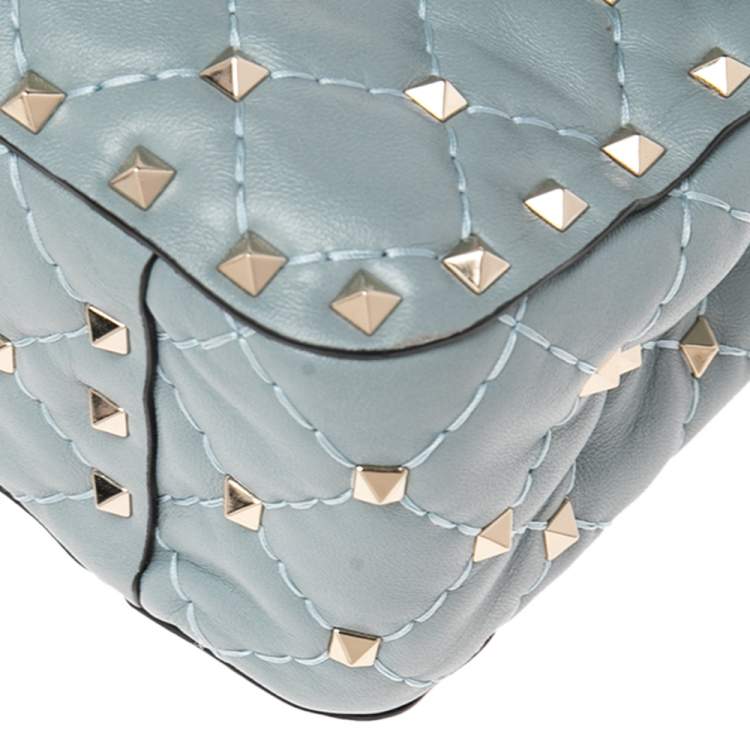 Pre Owned Valentino Blue Leather Medium Rockstud Spike Top Handle Bag