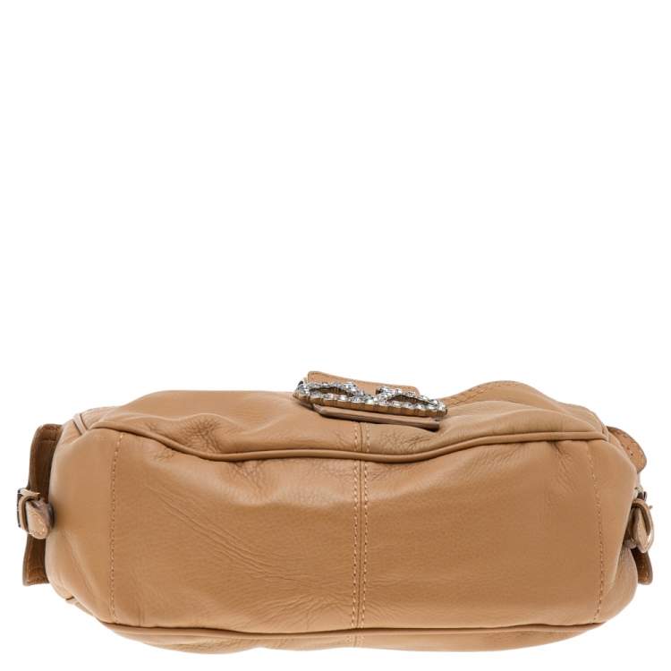 Pre Owned Valentino Brown Leather Crystal Embellished VLogo Hobo