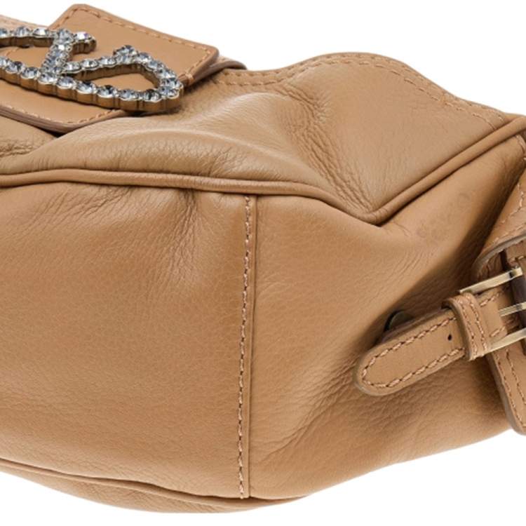 Pre Owned Valentino Brown Leather Crystal Embellished VLogo Hobo