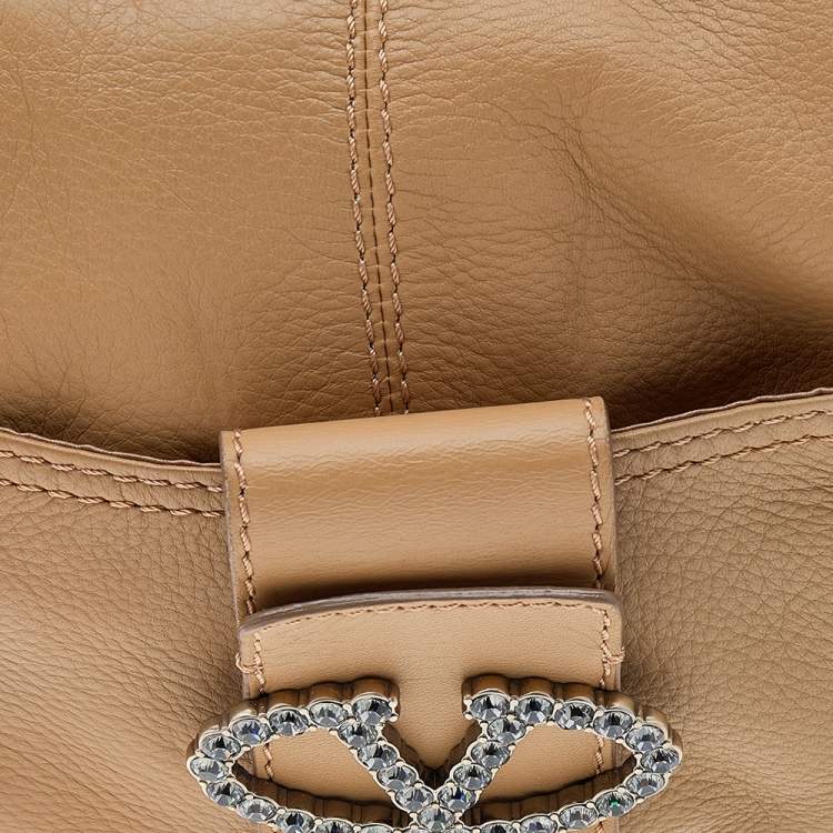 Pre Owned Valentino Brown Leather Crystal Embellished VLogo Hobo