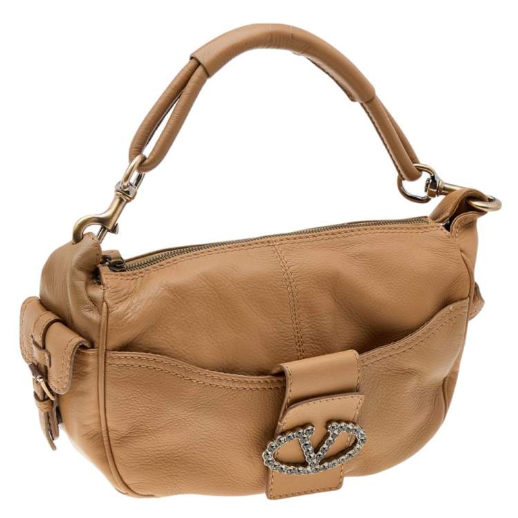 Pre Owned Valentino Brown Leather Crystal Embellished VLogo Hobo