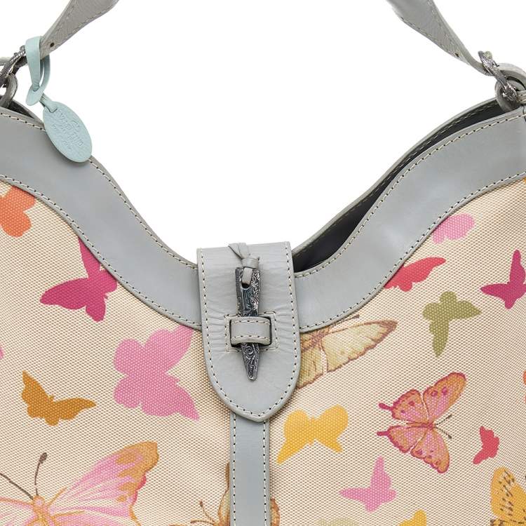 Pre Owned Valentino Multicolor Butterfly Print Canvas And Leather Hobo
