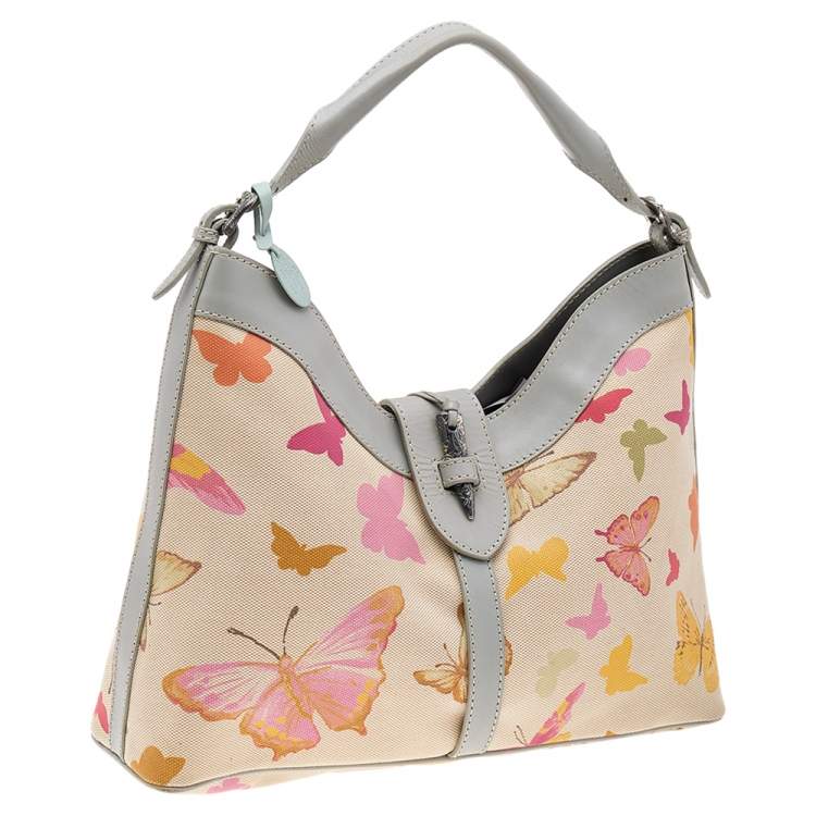 Pre Owned Valentino Multicolor Butterfly Print Canvas And Leather Hobo