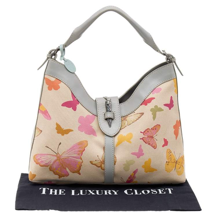 Pre Owned Valentino Multicolor Butterfly Print Canvas And Leather Hobo