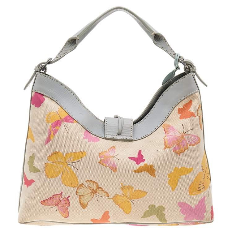 Pre Owned Valentino Multicolor Butterfly Print Canvas And Leather Hobo