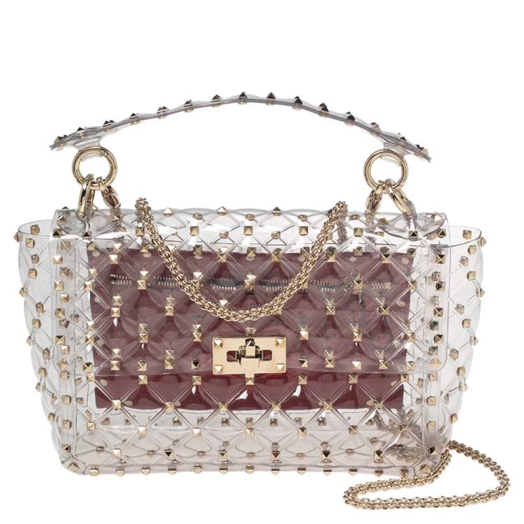 Valentino Clear Red PVC Medium Rockstud Spike Top Handle Bag Valentino The Luxury Closet