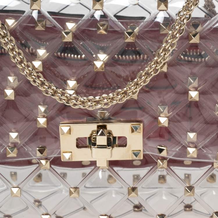 Pre Owned  Valentino Clear/Red PVC Medium Rockstud Spike Top Handle Bag