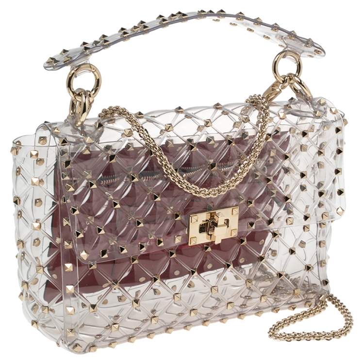 Pre Owned  Valentino Clear/Red PVC Medium Rockstud Spike Top Handle Bag