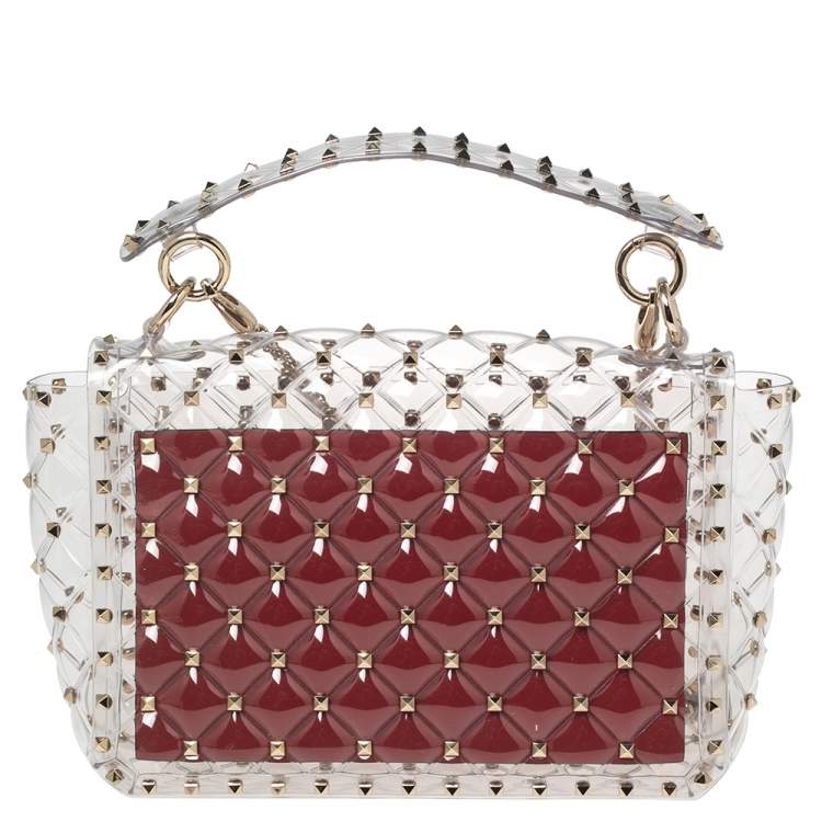 Pre Owned  Valentino Clear/Red PVC Medium Rockstud Spike Top Handle Bag