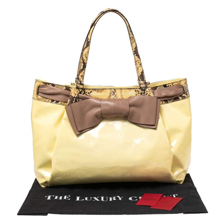 Pre Owned Valentino White/Brown Patent Leather and Python Large Aphrodite Bow Bag
