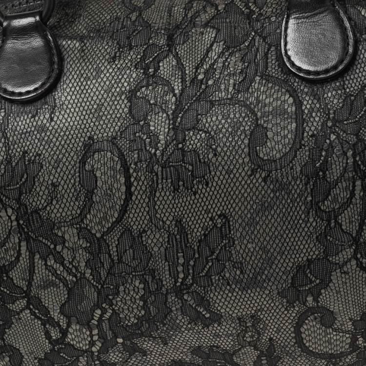 Pre Owned Valentino Black Lace and Leather Boston Bag