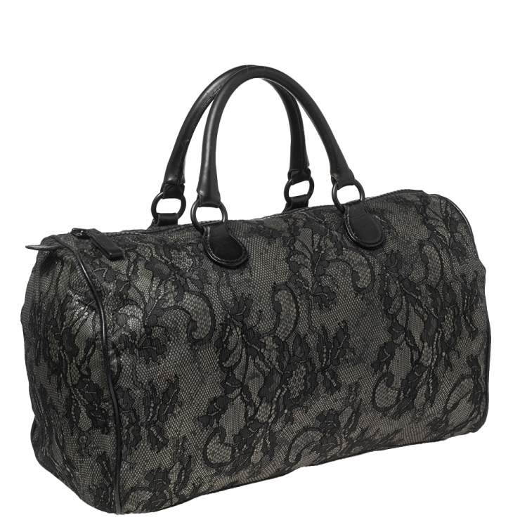 Pre Owned Valentino Black Lace and Leather Boston Bag