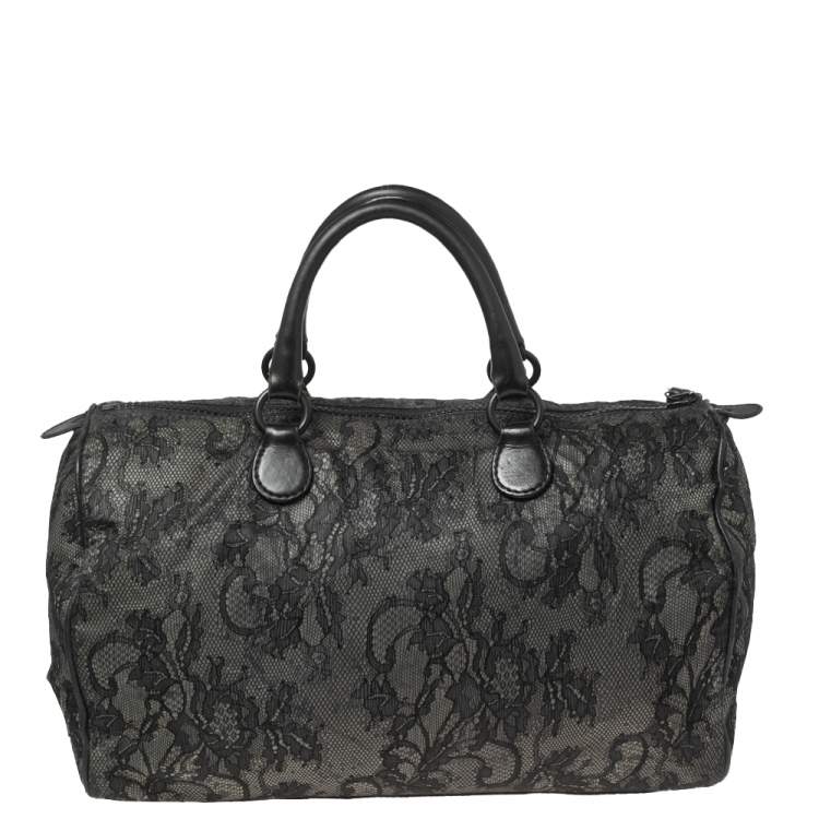 Pre Owned Valentino Black Lace and Leather Boston Bag