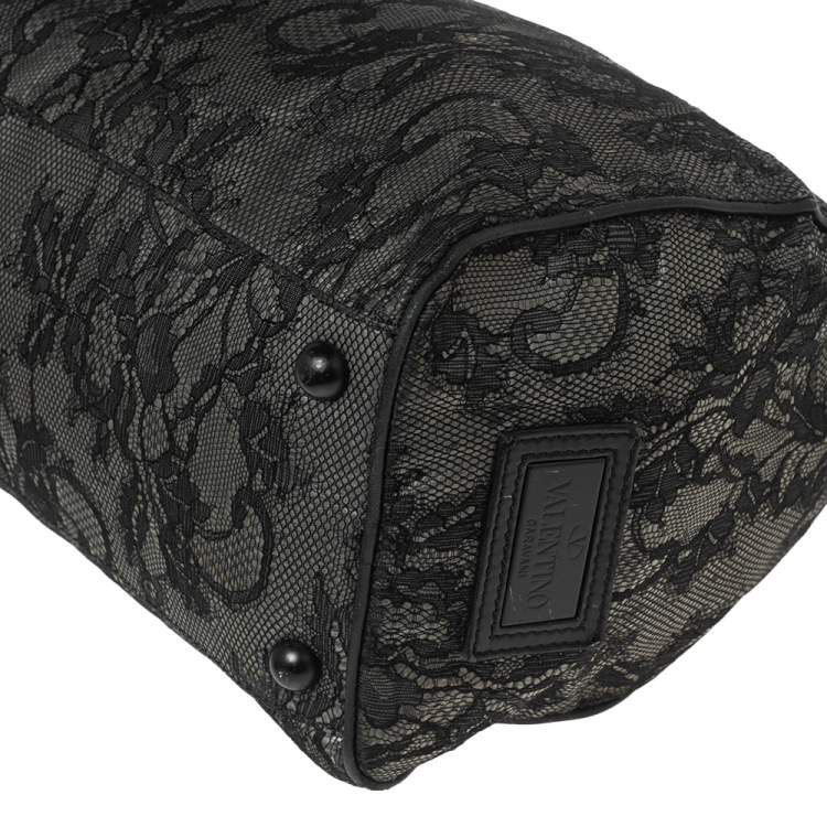 Pre Owned Valentino Black Lace and Leather Boston Bag
