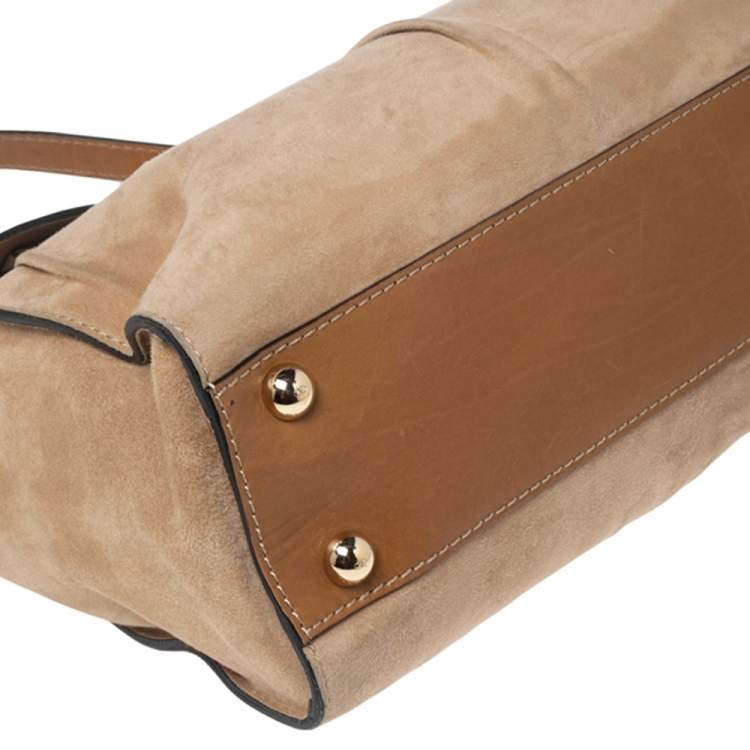 Pre Owned Valentino Beige/Brown Suede and Leather Aphrodite Bow Top Handle Bag