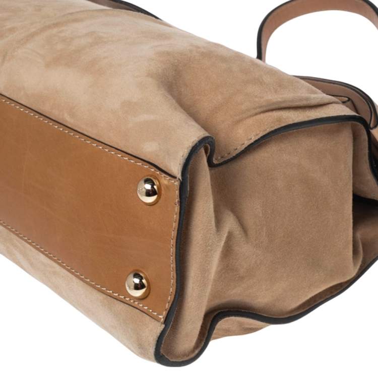 Pre Owned Valentino Beige/Brown Suede and Leather Aphrodite Bow Top Handle Bag