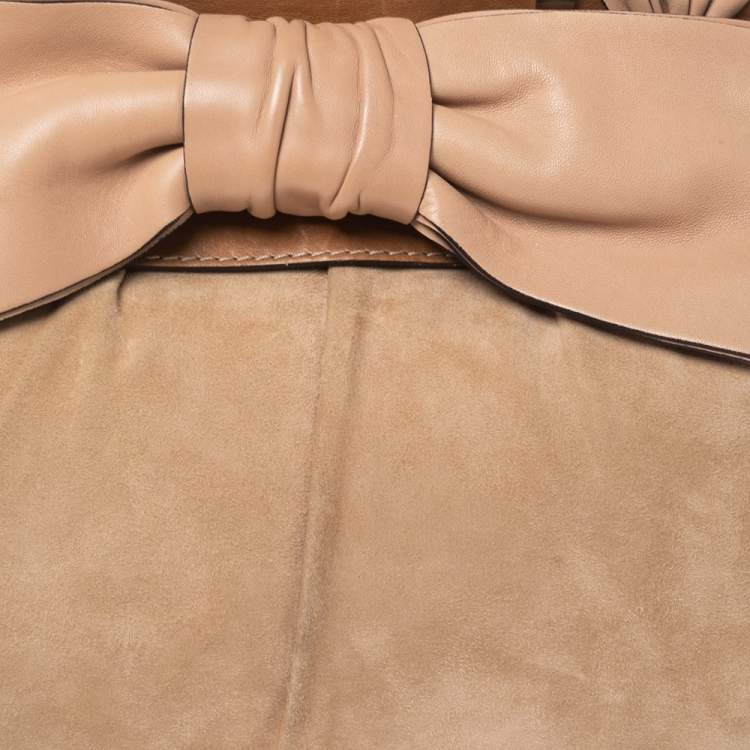 Pre Owned Valentino Beige/Brown Suede and Leather Aphrodite Bow Top Handle Bag