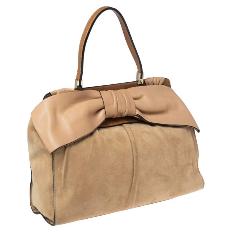Pre Owned Valentino Beige/Brown Suede and Leather Aphrodite Bow Top Handle Bag