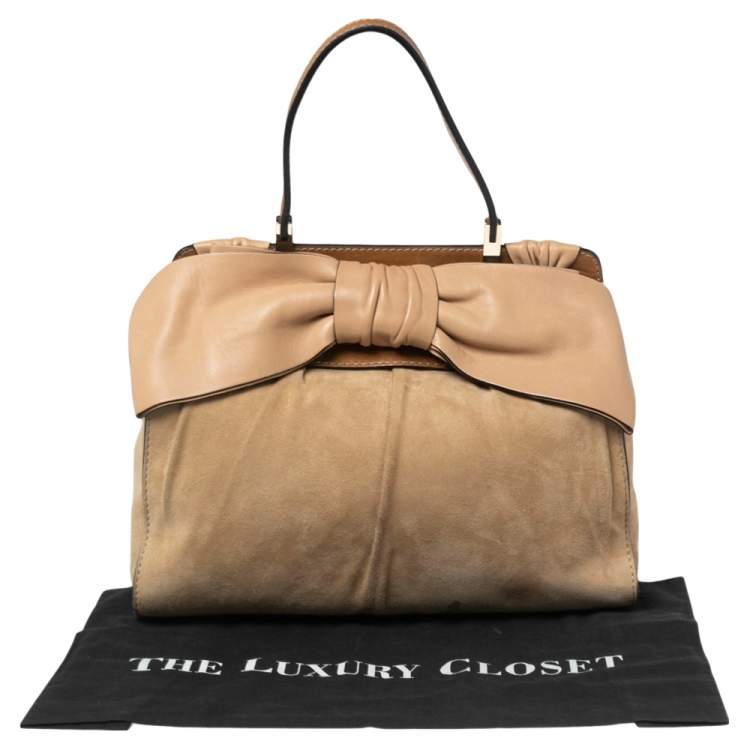 Pre Owned Valentino Beige/Brown Suede and Leather Aphrodite Bow Top Handle Bag