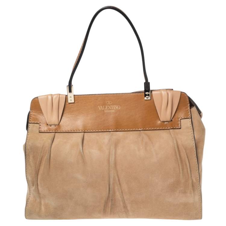 Pre Owned Valentino Beige/Brown Suede and Leather Aphrodite Bow Top Handle Bag