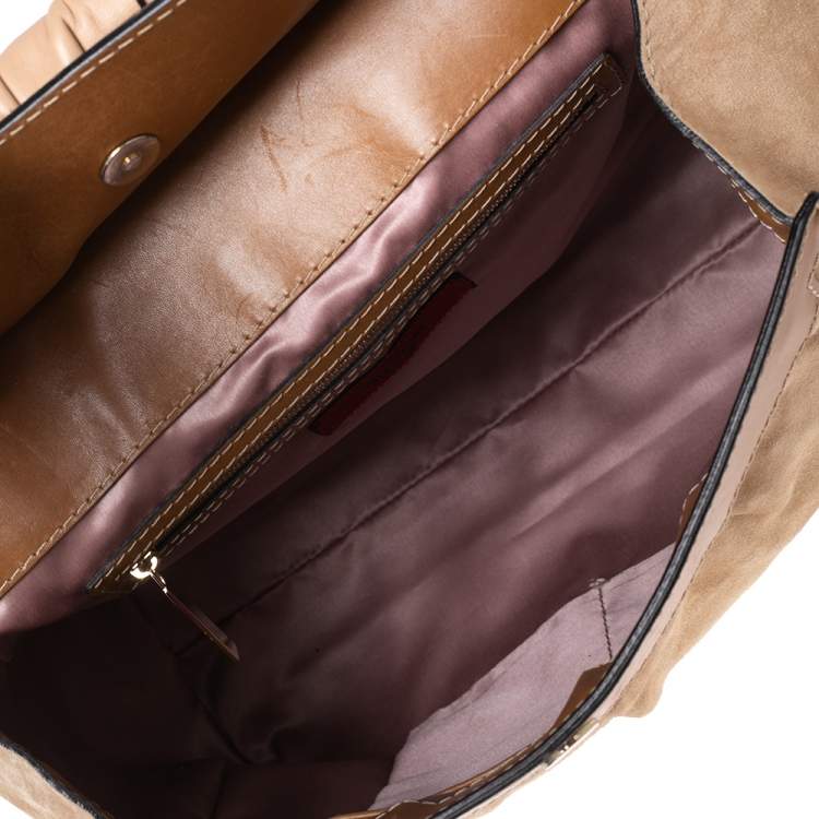 Pre Owned Valentino Beige/Brown Suede and Leather Aphrodite Bow Top Handle Bag