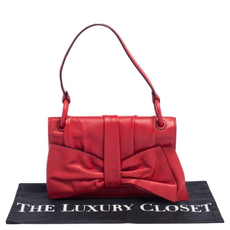 Pre Owned Valentino Red Leather Pleated Bow Flap Top Handle Bag