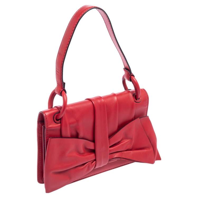 Pre Owned Valentino Red Leather Pleated Bow Flap Top Handle Bag