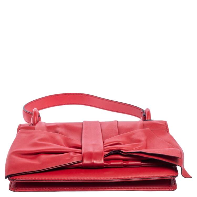 Pre Owned Valentino Red Leather Pleated Bow Flap Top Handle Bag