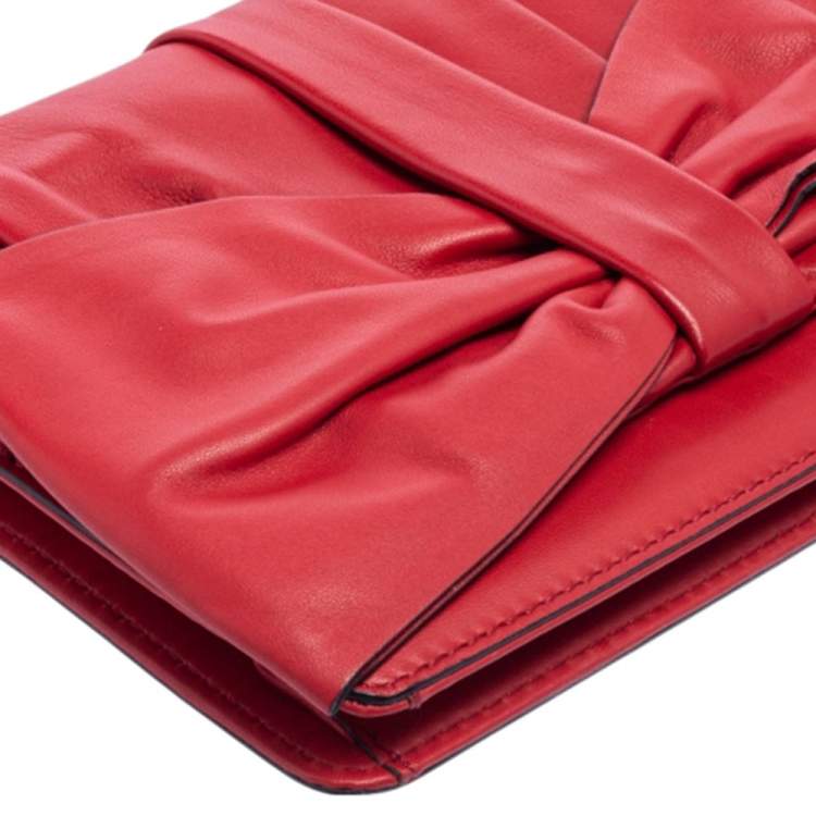 Pre Owned Valentino Red Leather Pleated Bow Flap Top Handle Bag