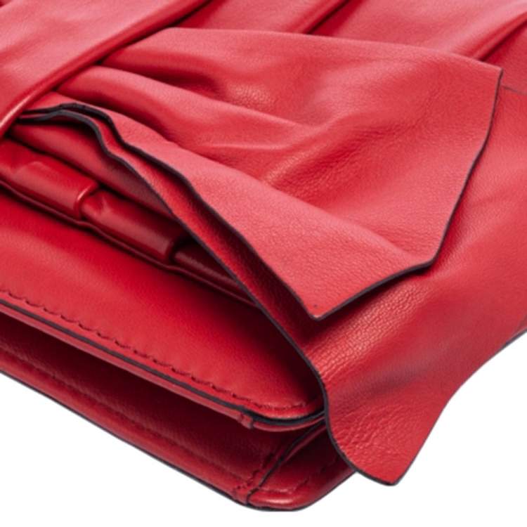 Pre Owned Valentino Red Leather Pleated Bow Flap Top Handle Bag