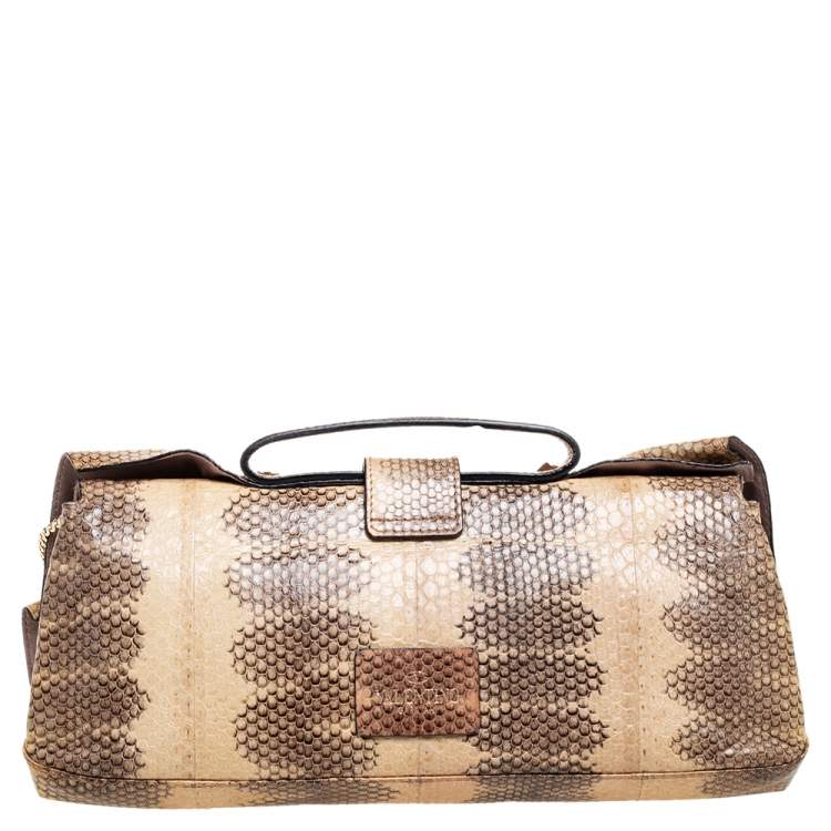 Pre Owned Valentino Cream/Black Watersnake Bow Flap Chain Clutch