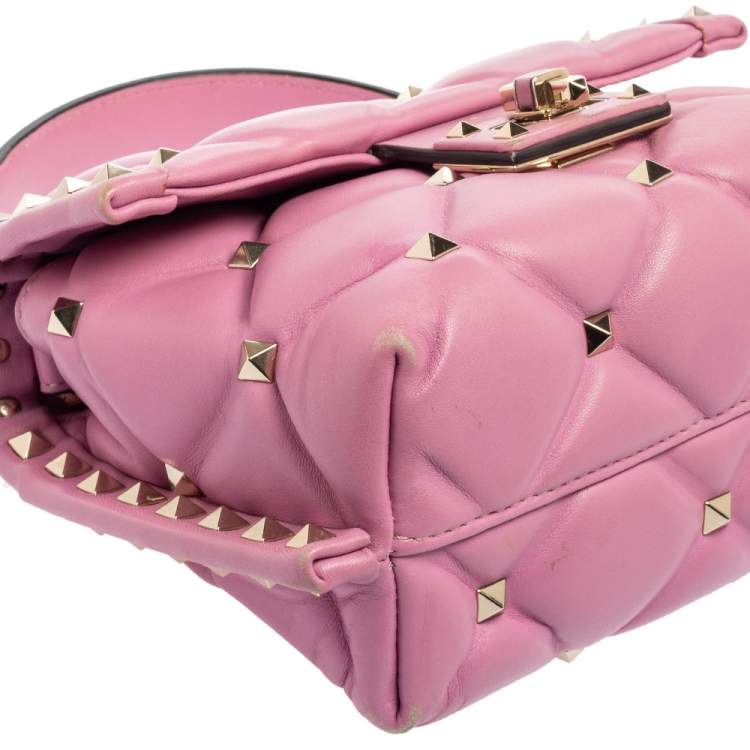 Pre Owned Valentino Pink Quilted Leather Mini Candystud Top Handle Bag
