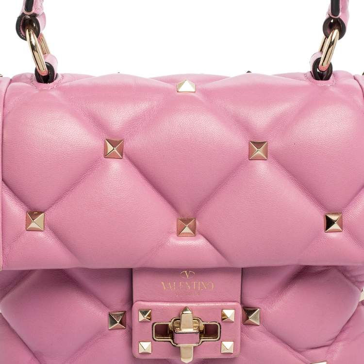Pre Owned Valentino Pink Quilted Leather Mini Candystud Top Handle Bag
