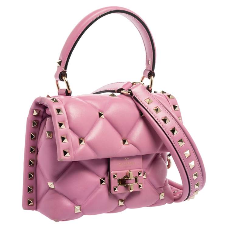 Pre Owned Valentino Pink Quilted Leather Mini Candystud Top Handle Bag