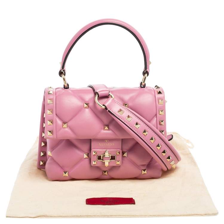Pre Owned Valentino Pink Quilted Leather Mini Candystud Top Handle Bag