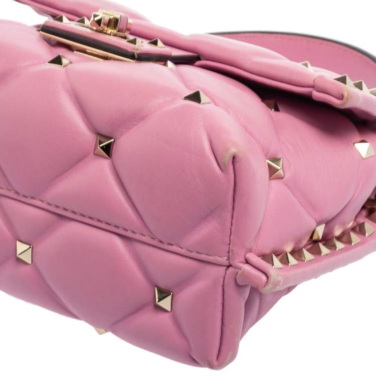Pre Owned Valentino Pink Quilted Leather Mini Candystud Top Handle Bag