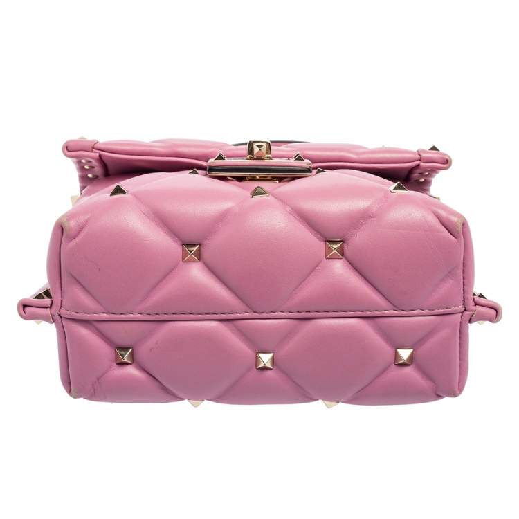 Pre Owned Valentino Pink Quilted Leather Mini Candystud Top Handle Bag