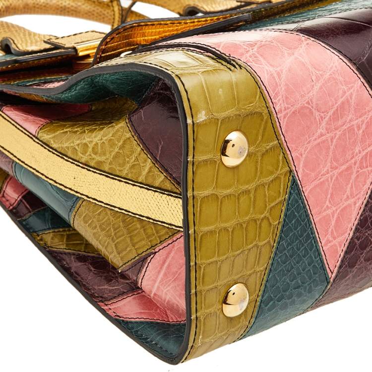 Pre Owned Valentino Multicolor Colorblock Crocodile And Lizard Leather Rockstud Top Handle Bag
