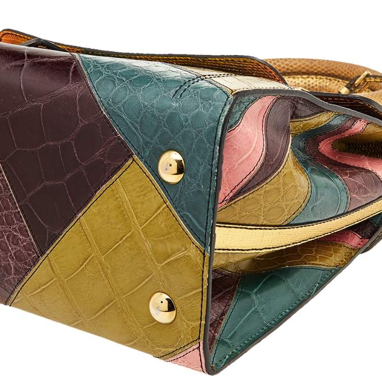 Pre Owned Valentino Multicolor Colorblock Crocodile And Lizard Leather Rockstud Top Handle Bag