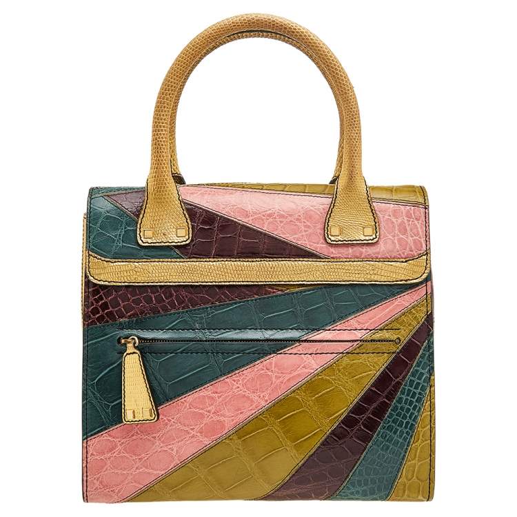 Pre Owned Valentino Multicolor Colorblock Crocodile And Lizard Leather Rockstud Top Handle Bag